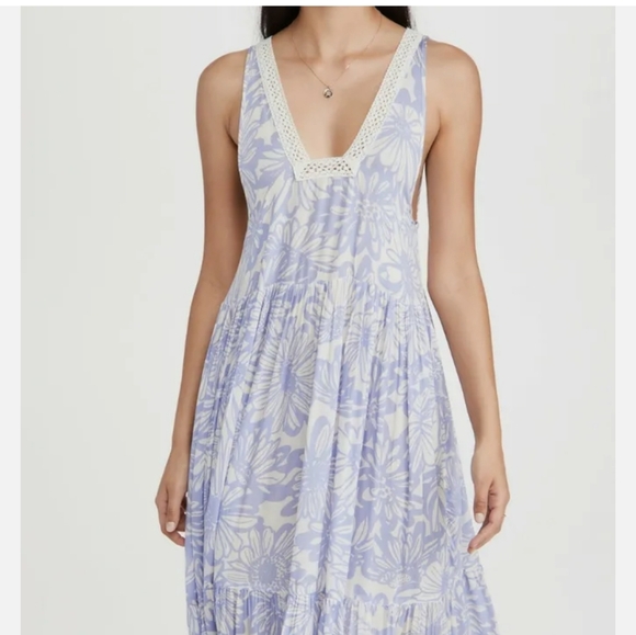 New! Free people slip on boho-chick tier  cornflower combo maxi dress sz S lilac - Picture 6 of 15